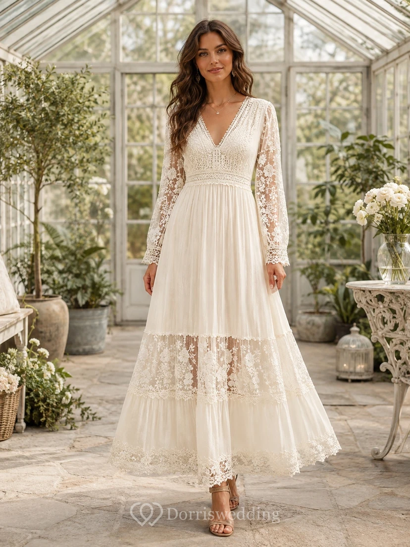 Boho V-Neck Long Sleeve Lace A-Line Ankle-Length Garden Wedding Dress