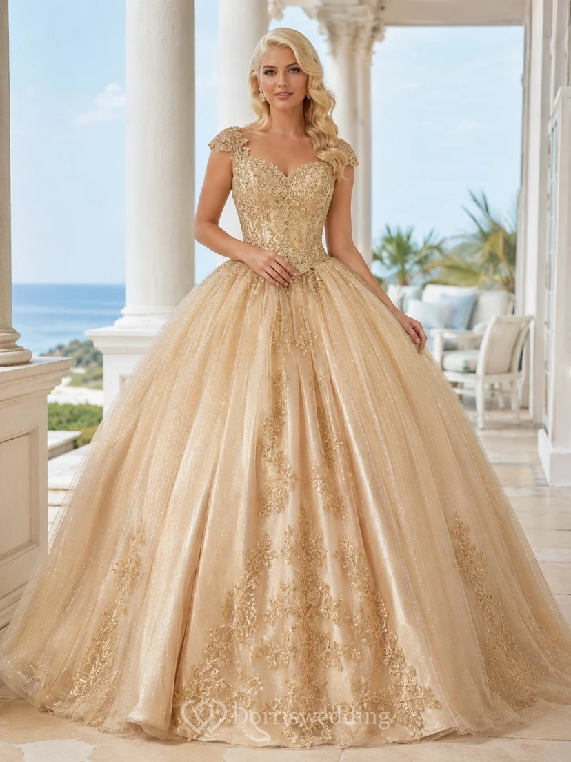 Gold Cap Sleeve Lace Princess Ball Gown Quinceanera Dress