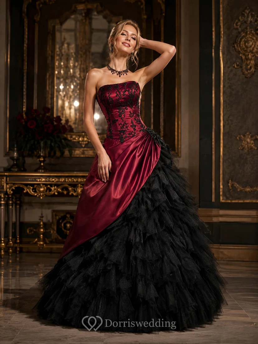 Vestido de gala largo midi, con escote Bardot, tirantes asimétricos, apliques, tirantes traseros con cordones, gasa, tul, encaje, lentejuelas y satén.