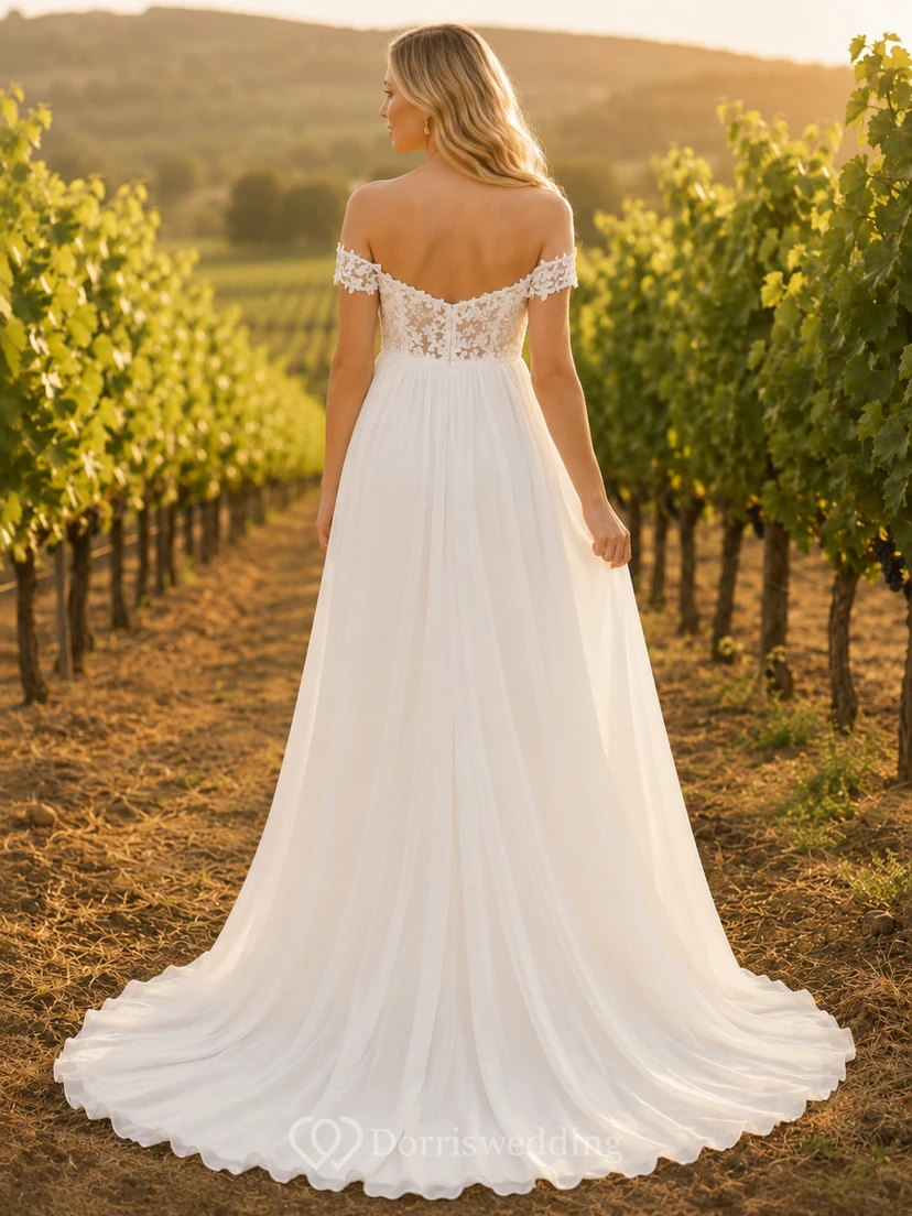 Maternity Wedding Dress Off-the-Shoulder Lace Bodice Vineyard Bridal Gown with Sweep Train view 2