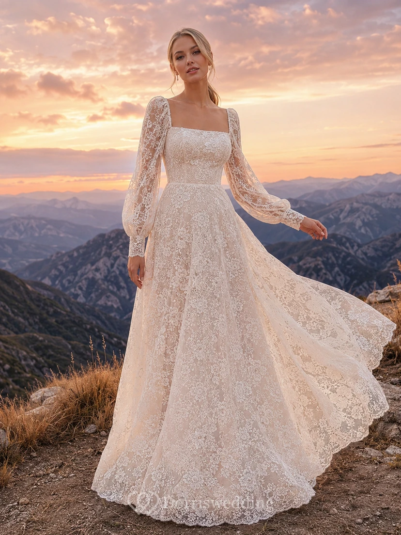 Robe de mariée trapèze en dentelle à col carré et manches bouffantes