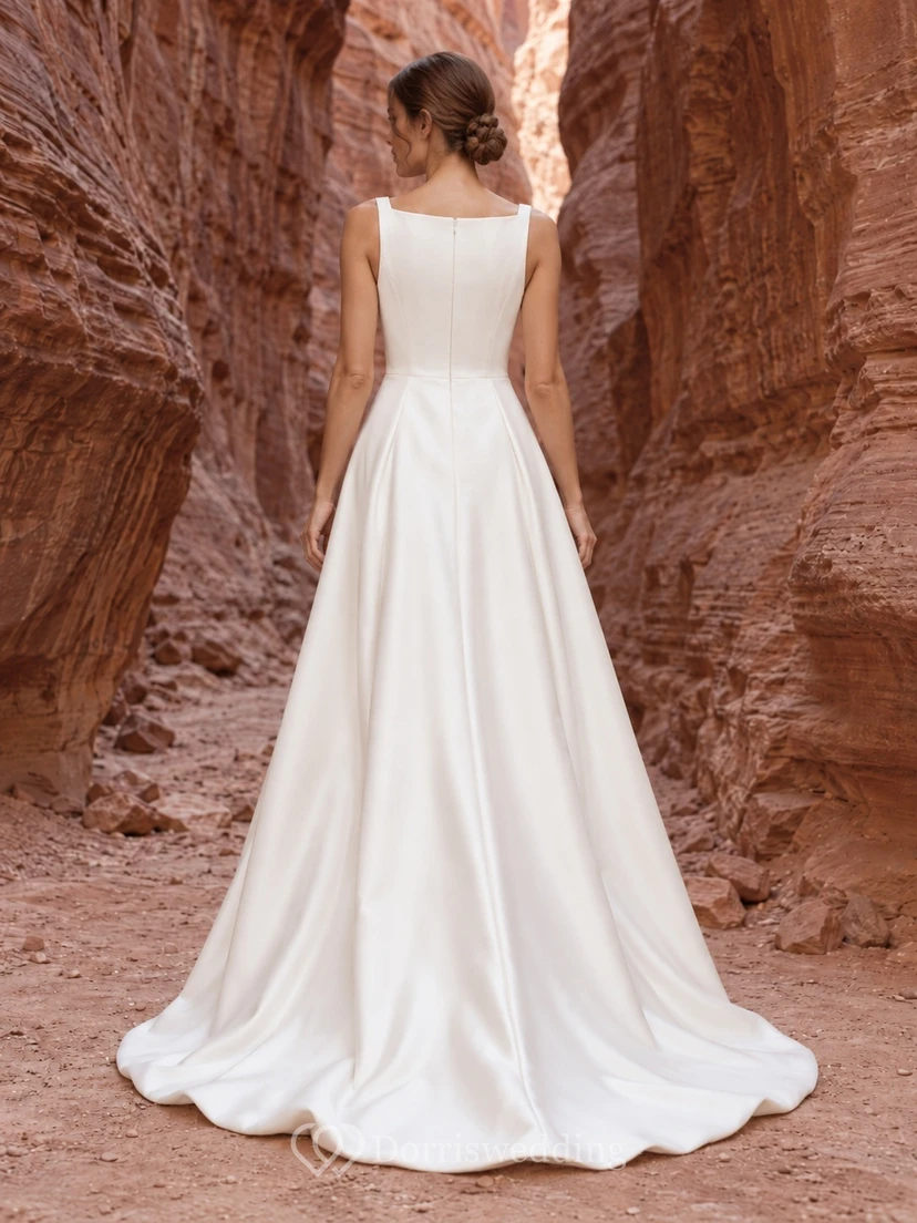 Vestido de novia sencillo de corte A, sin mangas, de satén elástico con escote cuadrado y tirantes anchos. view 2