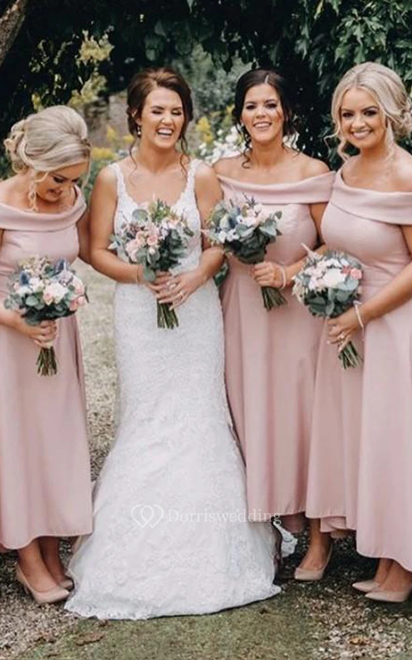 Knöchellanges, ärmelloses Brautjungfernkleid aus Satin in A-Linie mit Falten view 2