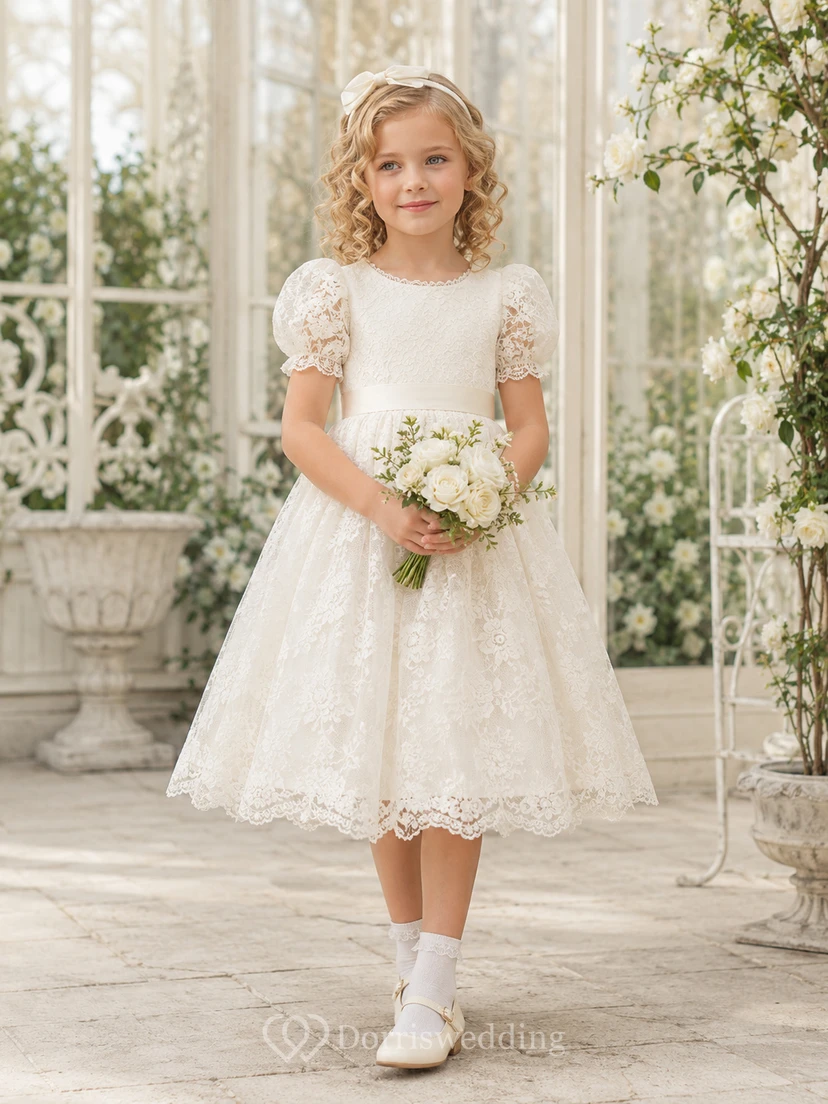 Blumenmädchenkleid aus elfenbeinfarbener Spitze, A-Linie, Puffärmel, Rundhalsausschnitt, Teelänge