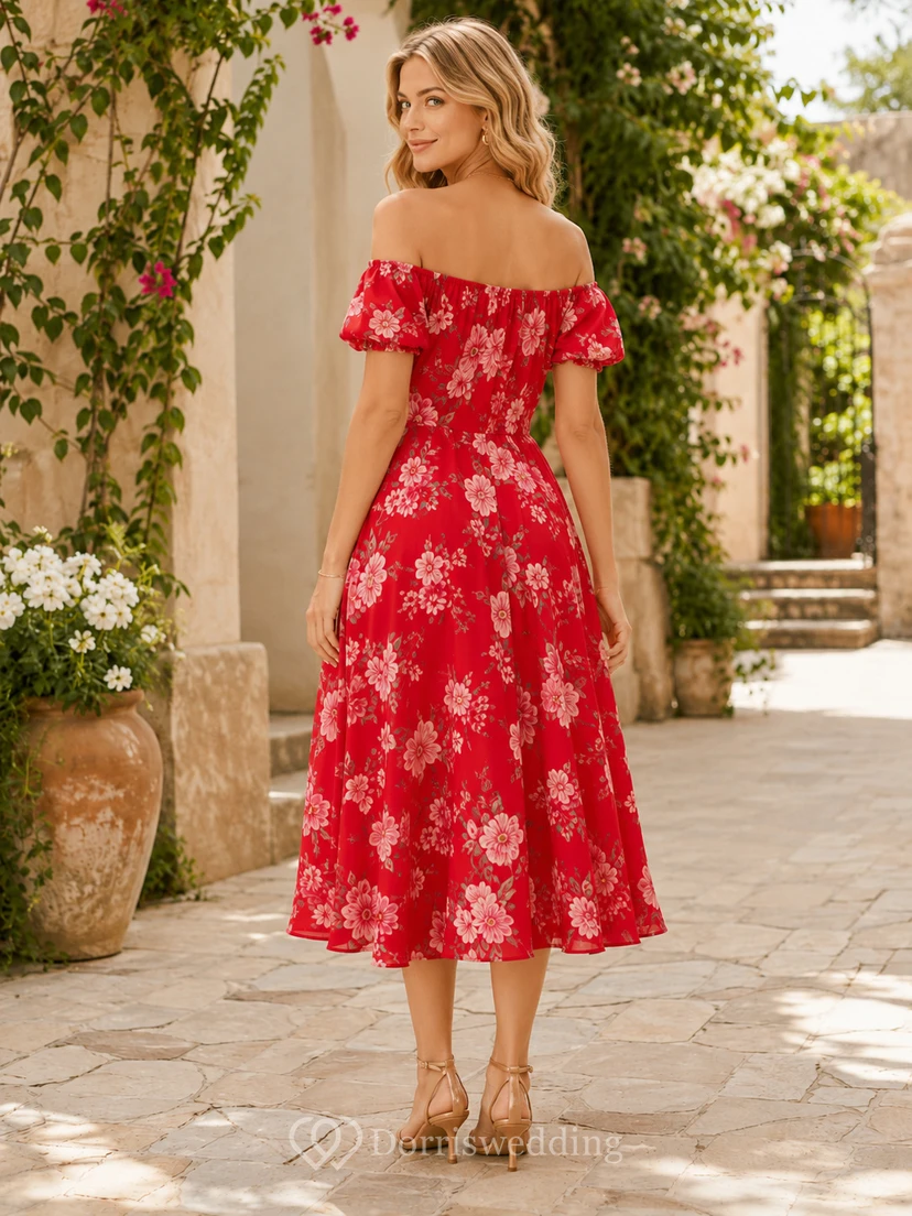 Red Floral Off Shoulder Short Sleeve Midi Dress view 2