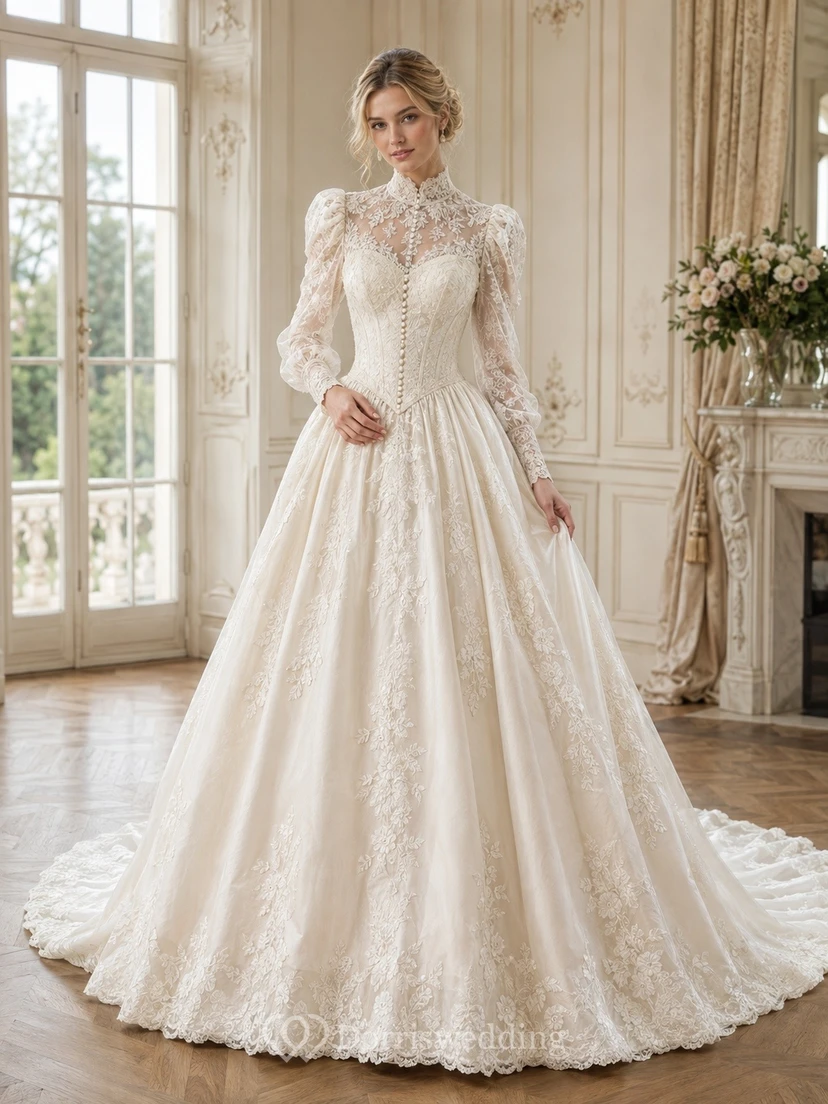 Vestido de novia vintage modesto, romántico, de manga larga, cuello alto y estilo princesa, color blanco con encaje.