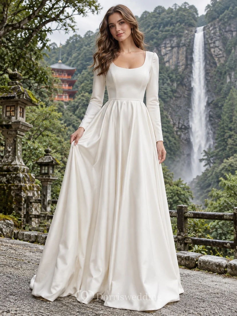 Schlichtes, langärmeliges Brautkleid aus Satin mit Rundhalsausschnitt und A-Linien-Schnitt