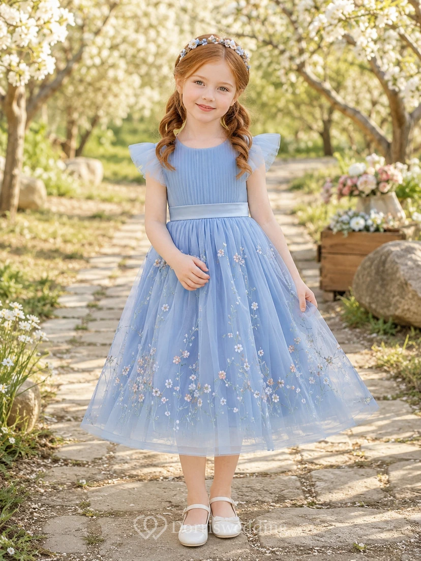 Sky Blue Flower Girl Dress Bohemian Tea-Length A-Line Flutter Sleeve Pleated Tulle Wildflower Embroidery Satin Bow