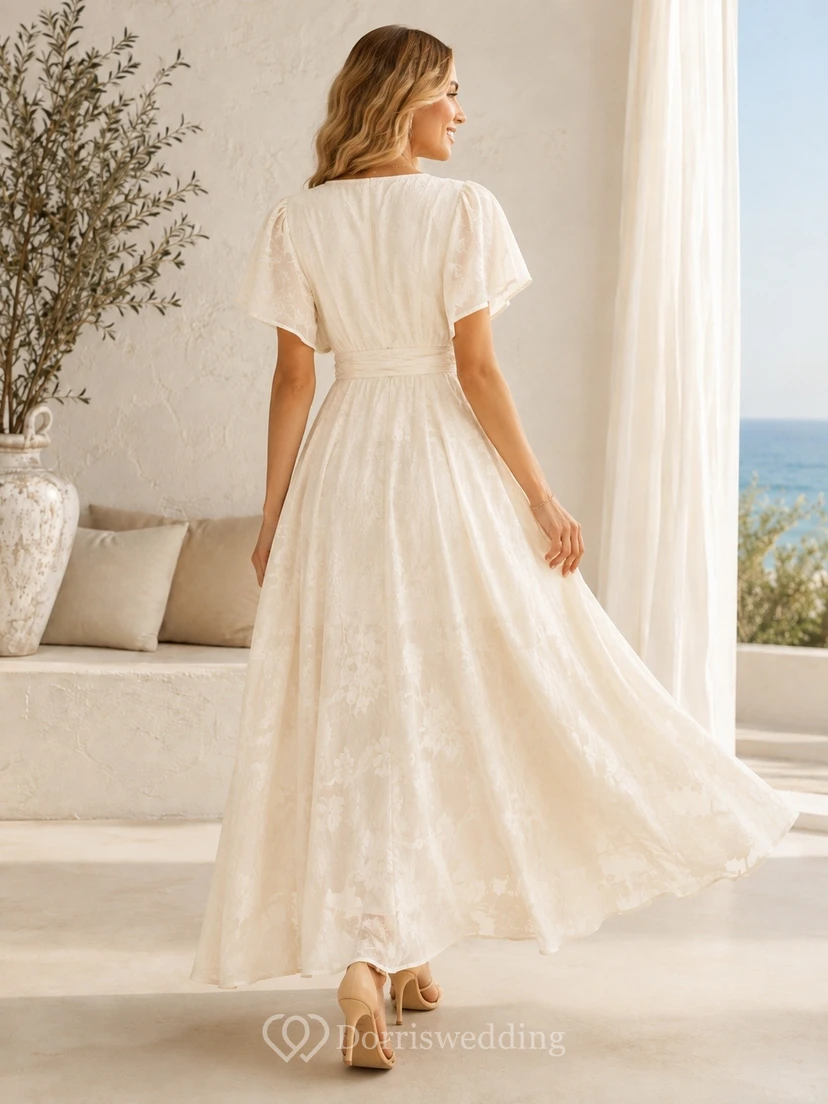 Bohemian Ivory V Neck Short Sleeve Floral Chiffon A Line Dress view 2