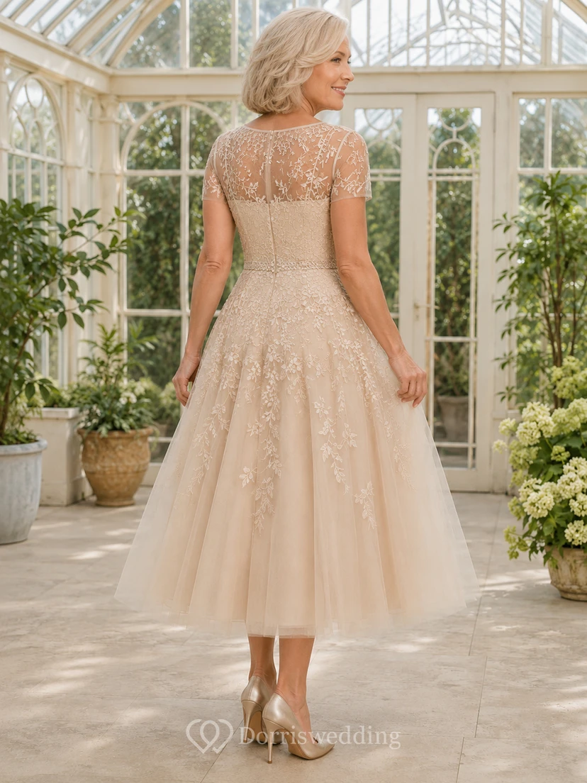 Vestido de novia de encaje de corte A con mangas cortas y efecto ilusión, largo hasta la rodilla, color champán, estilo romántico. view 2