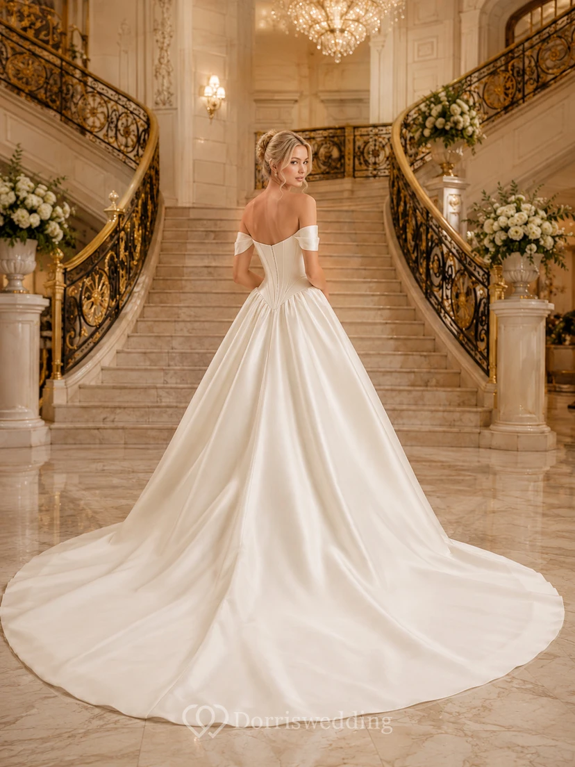 Vestido de novia de satén, estilo princesa, sin tirantes, escote corazón, cola catedral. view 2