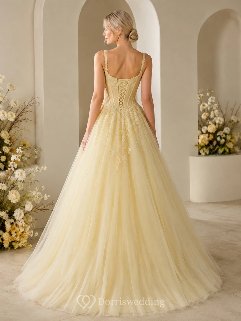 Vestido de novia largo hasta el suelo, de tul, corte A, escote cuadrado y color amarillo pálido view 2