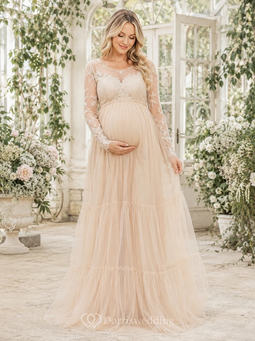 Maternity Champagne Long Sleeve V-Neck Lace Tulle Empire Formal Gown