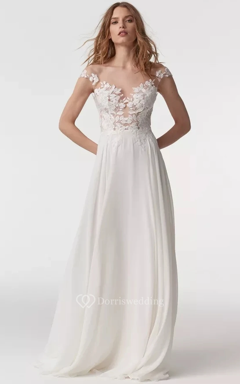 Chiffon Empire Off-the-shoulder Sheath Floor-length Low-v Back Wedding Dress with Lace Top