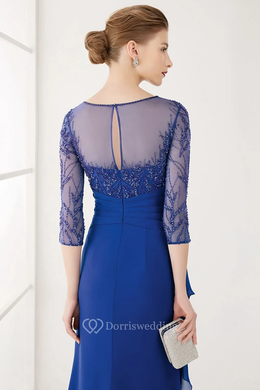 Sheath Jewel-Neck 3-4-Sleeve Long Draped Chiffon Prom Dress With Beading And Sequins view 2