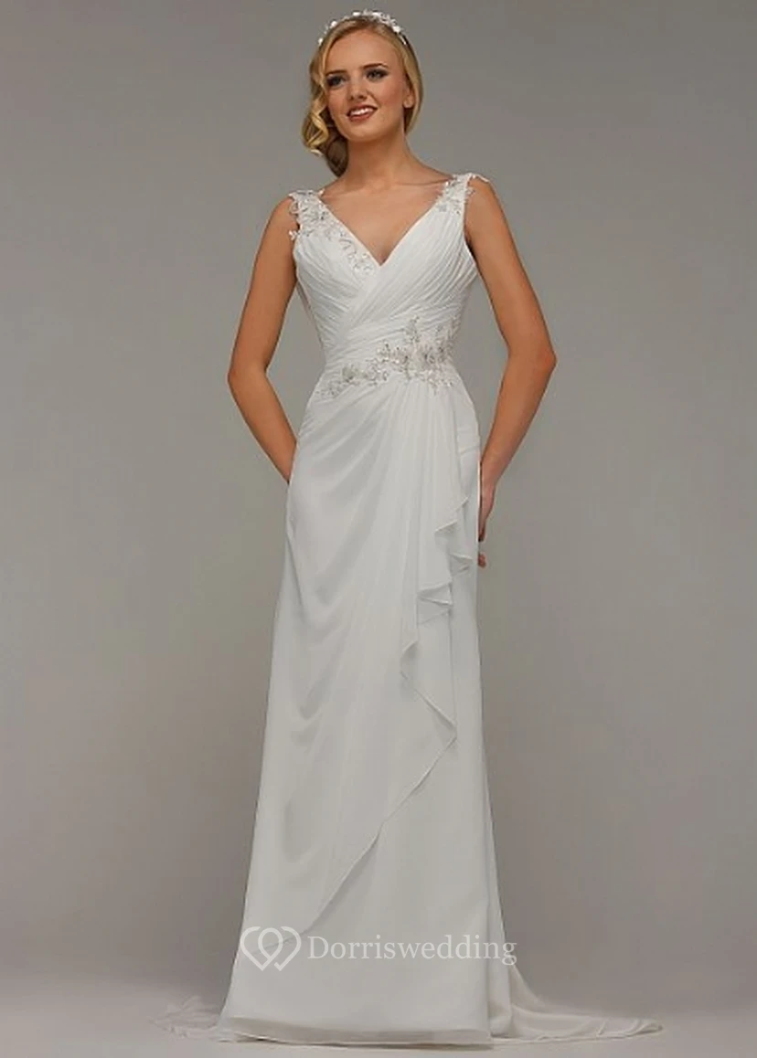 Sheath Appliqued Long V-Neck Sleeveless Chiffon Wedding Dress With Draping And Ruching