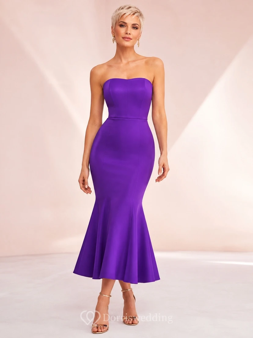 Robe de cocktail sirène sans bretelles et sans manches en spandex couleur raisin, longueur thé