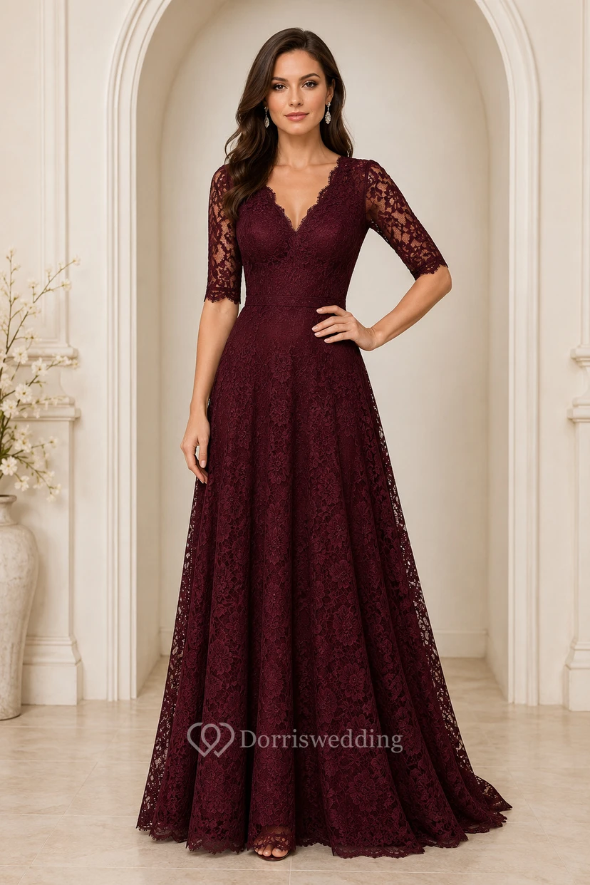 Vestido formal burdeos de corte A con escote en V y encaje, mangas tres cuartos transparentes.