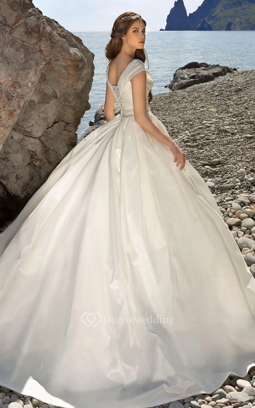 Ball Gown Long V-Neck Cap-Sleeve Lace-Up Satin Dress With Waist Jewellery And Ruching view 2