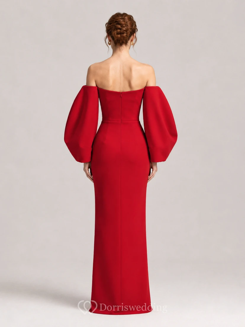 Red off shoulder puff sleeve mermaid floor length gown view 2