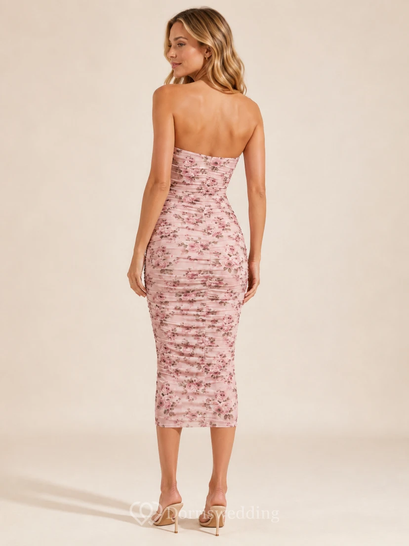 Pink Floral Ruched Strapless Bodycon Cocktail Midi Dress view 2