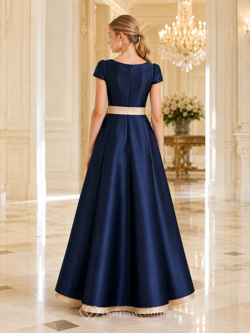 Dunkelblaues Brautjungfernkleid für junge Damen, A-Linie, eckiger Schnitt, kurze Flügelärmel, Satinschärpe/Band, elegant view 2