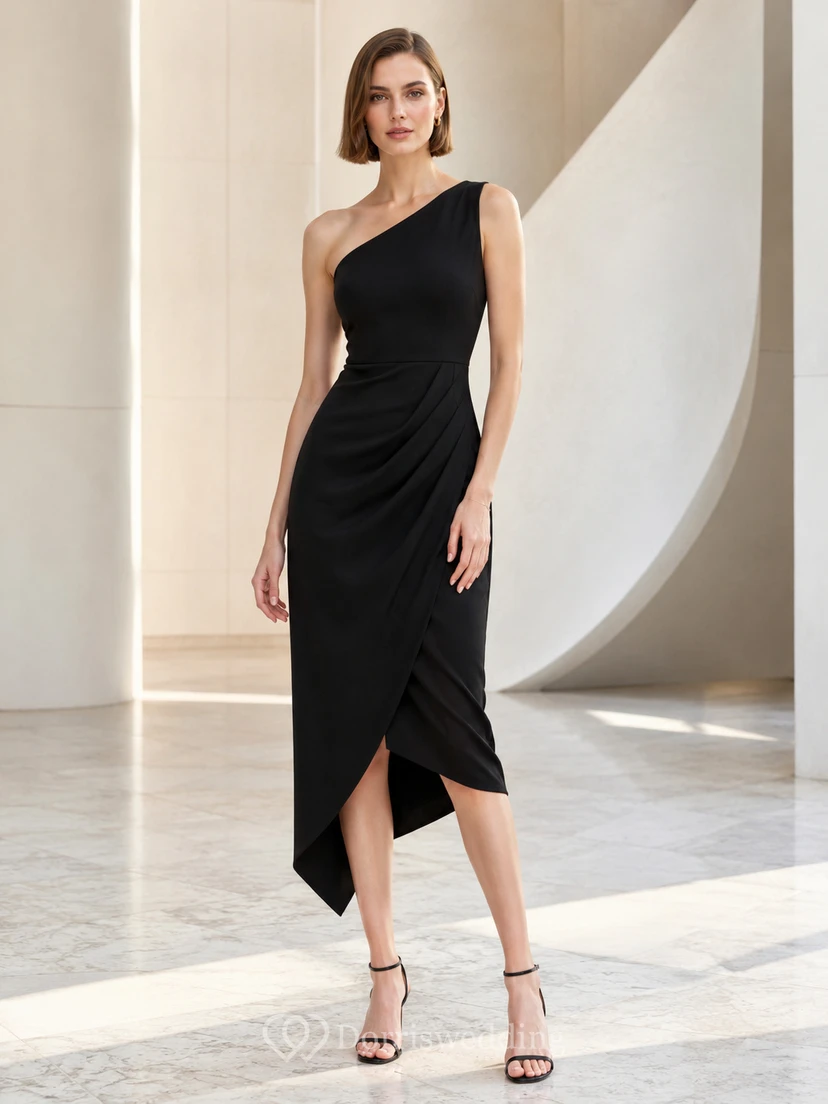 Vestido midi negro asimétrico de un solo hombro con diseño cruzado, ganador de premios.