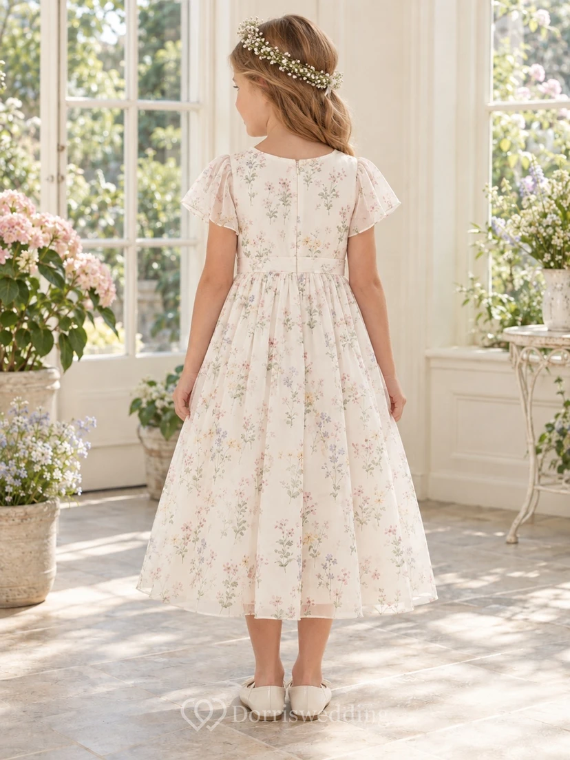 Modest Tea-length Ivory Floral Flutter Sleeve Jewel Neck Chiffon Flower Girl Dress view 2
