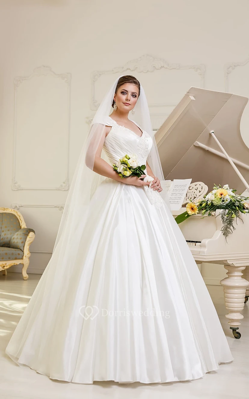 Ball Gown Floor-Length V-Neck Cap-Sleeve Corset-Back Satin Dress With Ruching And Appliques view 3