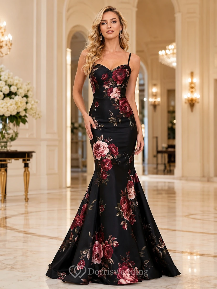 Black Floral Sweetheart Spaghetti Strap Mermaid Formal Evening Gown