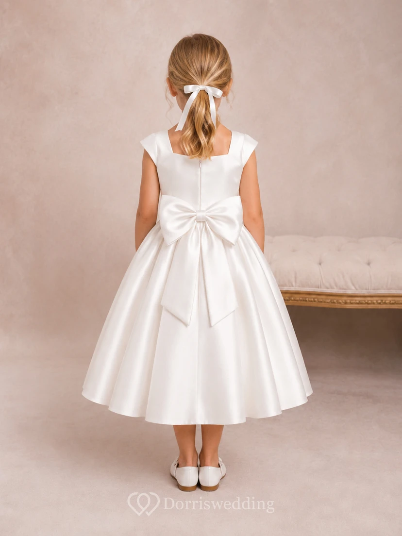 Flower Girl Dress Ivory Satin A-Line Jewel Neck Tea Length Bow Detail view 2