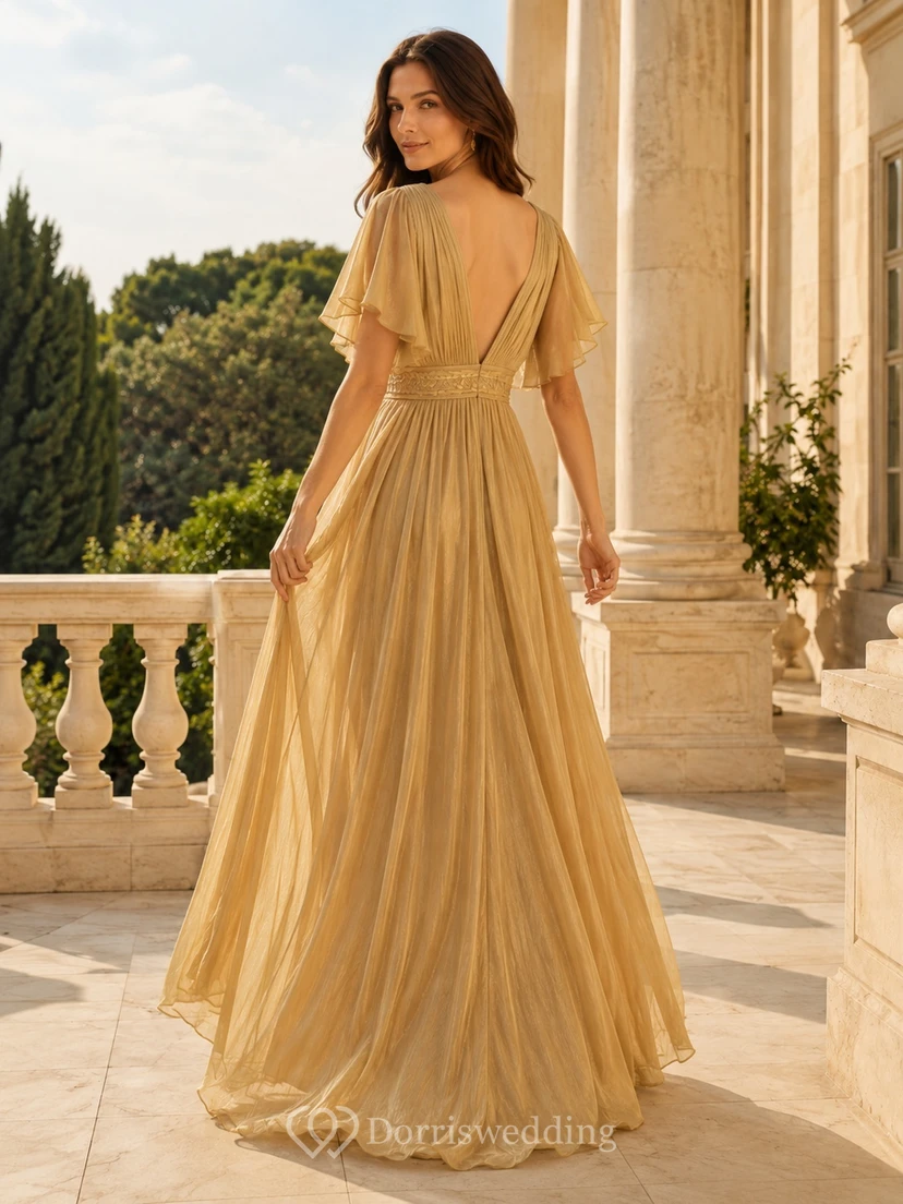 Gold Chiffon V-Neck Flutter Sleeve A-Line Floor-Length Pleated Romantic Evening Dress view 2