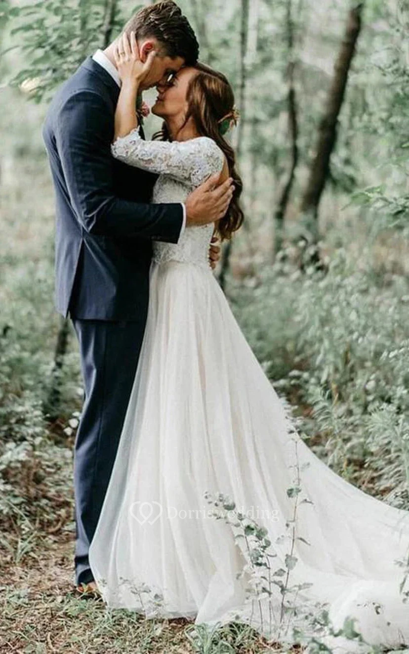 Lässiges, ländliches Brautkleid aus Tüll mit V-Ausschnitt, halben Ärmeln und A-Linien-Schnitt view 3