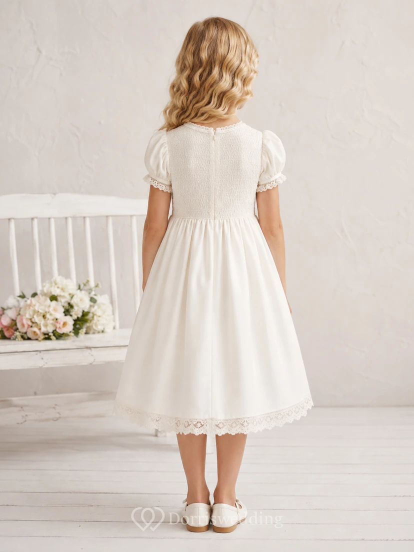 Hand-Smocked Vintage Floral Embroidered Puff Sleeve Satin Lace A-Line Knee-Length Flower Girl Wedding Dress view 2