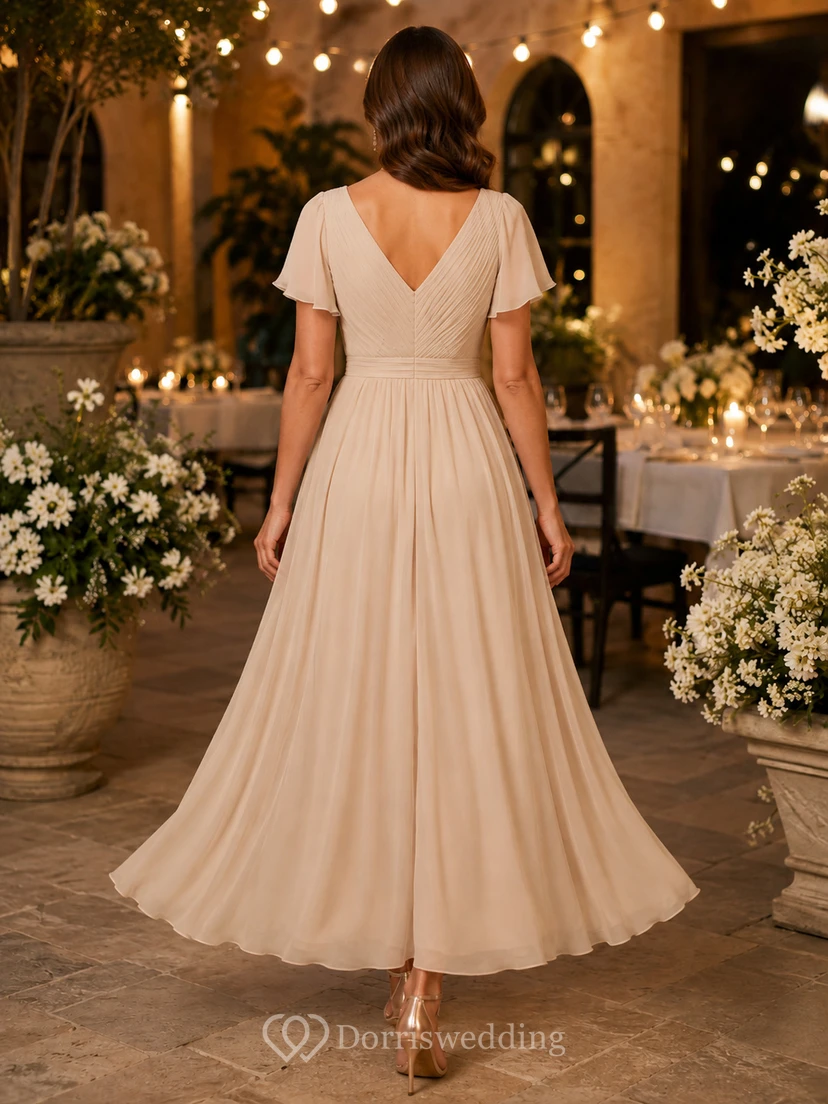 Champagne Chiffon V-neck Tea-length A-Line Guest Dress view 2