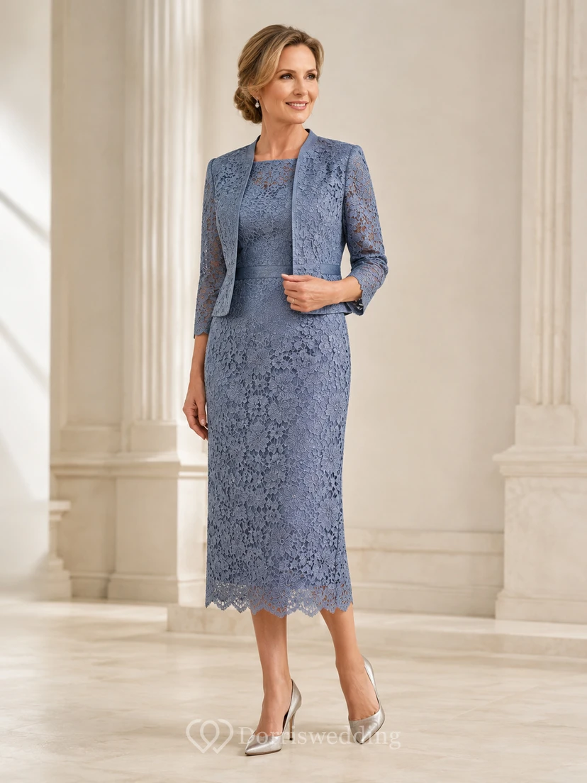 Steel Blue Lace Midi Mother of the Bride Sheath Dress with Matching Jacket