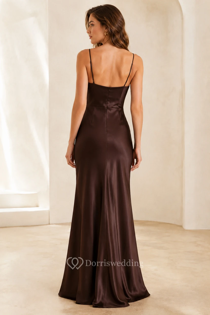 Brown Cowl Neck Satin Sheath Formal Dress view 2