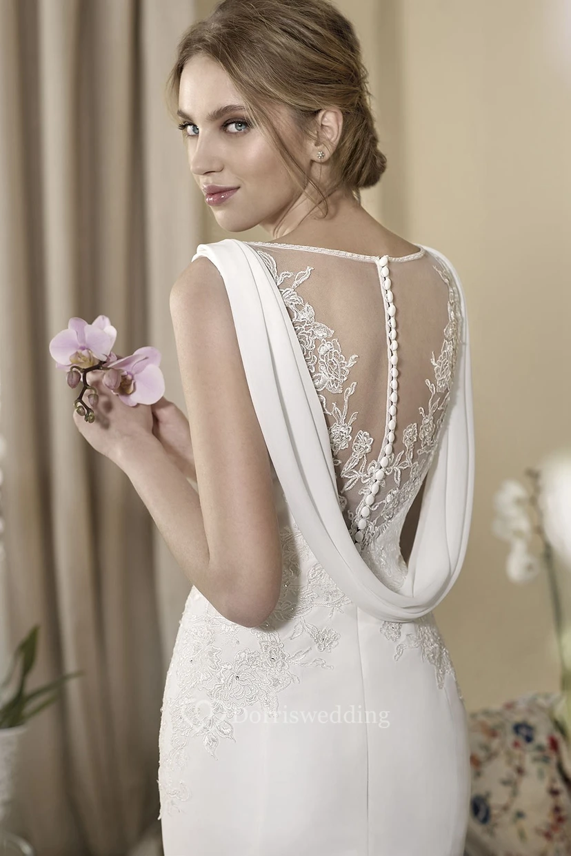 Sheath Maxi Sleeveless Appliqued V-Neck Chiffon Wedding Dress view 3