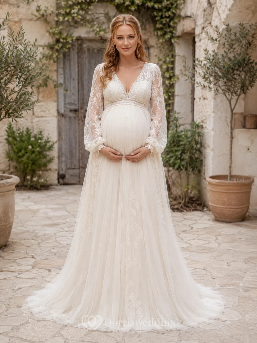 Boho-Umstandsbrautkleid mit langen Spitzenärmeln und V-Ausschnitt