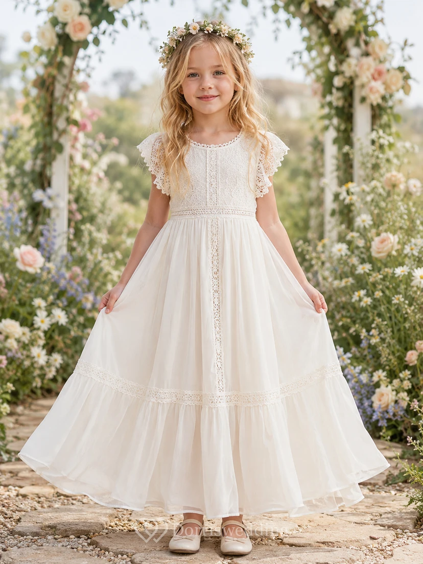 Flower Girl Dress Ivory Lace Tulle A-Line Short Sleeve Scoop Neck Tea Length