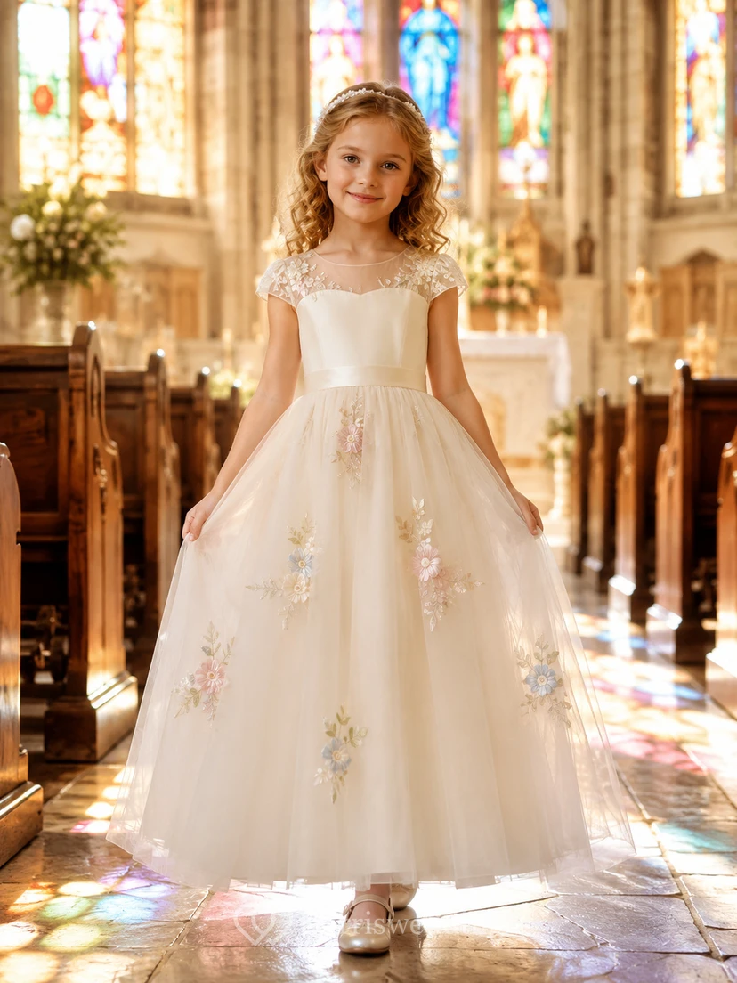 Flower Girl Dress A-Line Cream Floral Tulle Puff Sleeve Church Ceremony