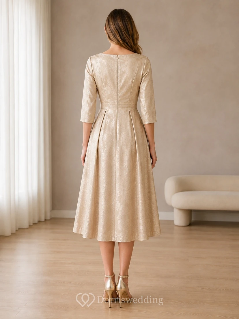 Robe classique de cérémonie en satin taupe, manches trois-quarts, coupe trapèze, longueur thé view 2