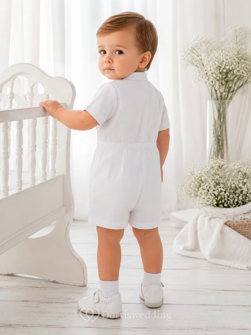 White Stand Collar Button Bib Short Sleeve Christening Romper for Baby Boy view 2