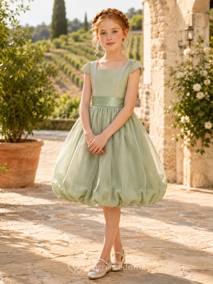 Sage Bubble Hem A-Line Satin Flower Girl Dress, Sleeveless Square Neck, Pleated Tea-Length Country Garden