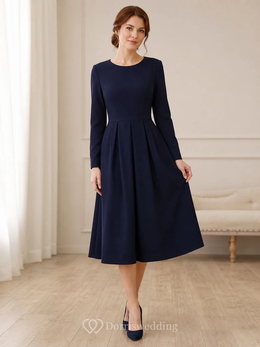 Robe midi plissée à manches longues bleu marine pour cérémonie commémorative