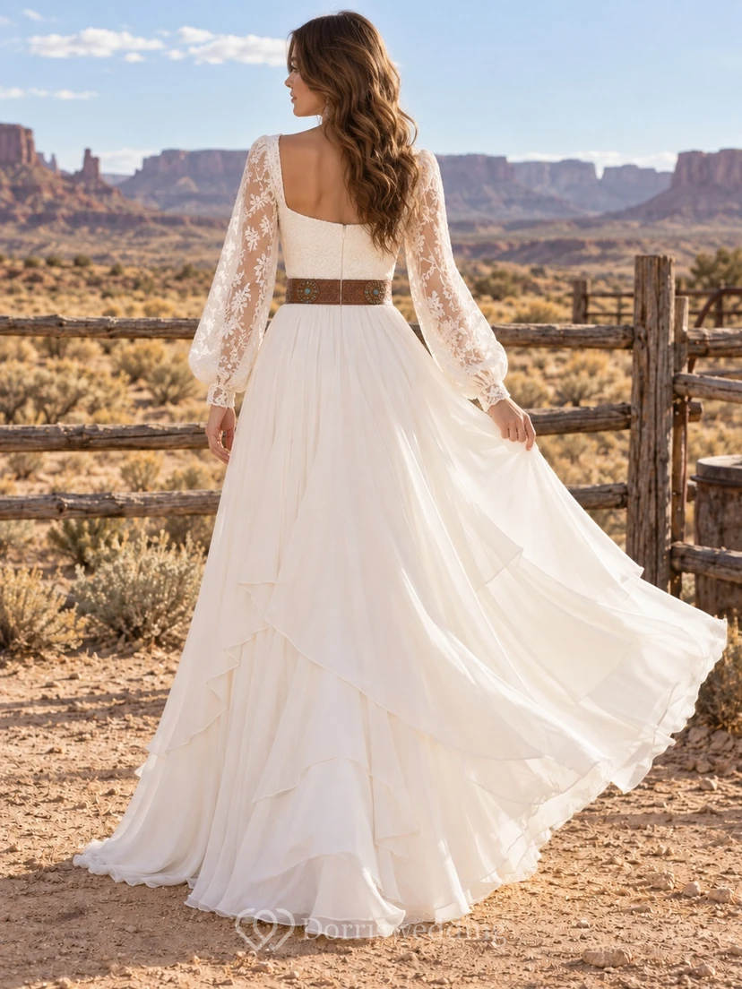 Vestido de novia de gasa estilo bohemio campestre con corte en A, escote cuadrado, mangas abullonadas y cinturón estilo western. view 2
