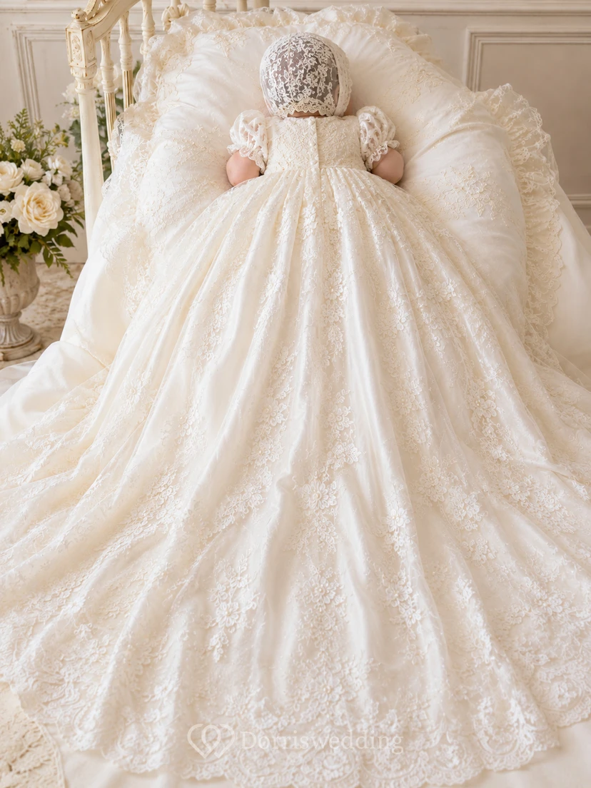 Luxury Baby Baptism Christening Ceremony Gown Ball Gown Floor-Length Chapel Train Jewel Neck Long Sleeve Tulle Lace Floral Applique Button Back Ornate Lace Applique view 2