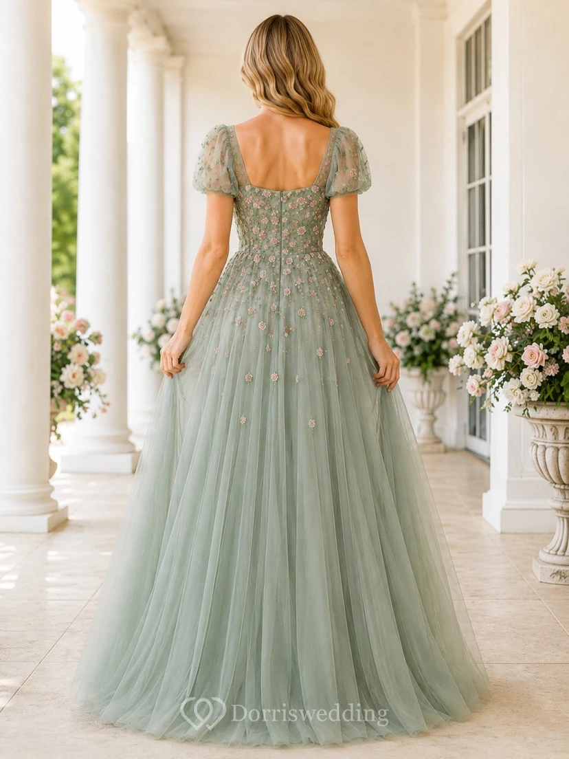Sage Green Lace Puff Sleeve Tulle A-Line Evening Gown Dress view 2