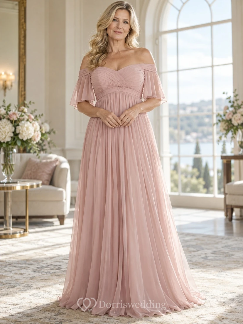 Second Wedding Blush Pink Off-the-Shoulder Empire Waist Pleated Chiffon Floor Length A-Line Dress