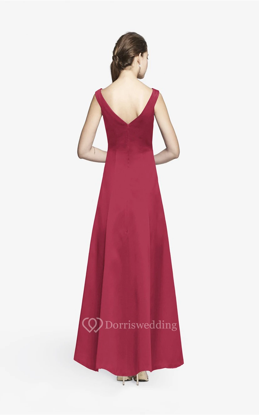 Simple V-neckline Floor-length Satin Dress With Cap Sleeves view 5